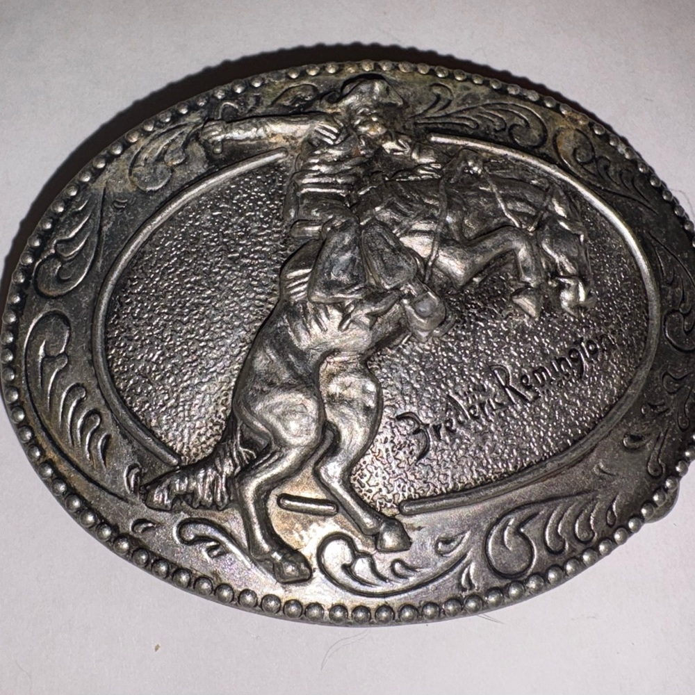 Silver tone Western Belt Buckle Fredric Remington china the bronco buster